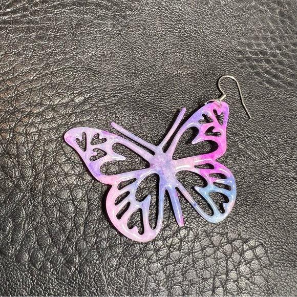 Handmade die cut paper butterfly water colored large dangle earrings - Picture 3 of 5